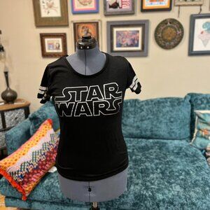 Disney Parks Star Wars Shirt Women's Large Black Silver Foil Short Sleeve Raglan